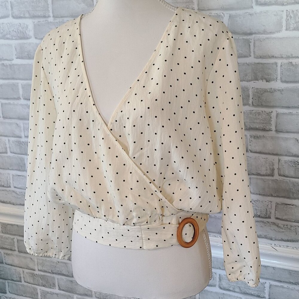 Francesca’s Ivory Black Dot Cropped Balloon Sleeve Blouse XL NWT Cottage
